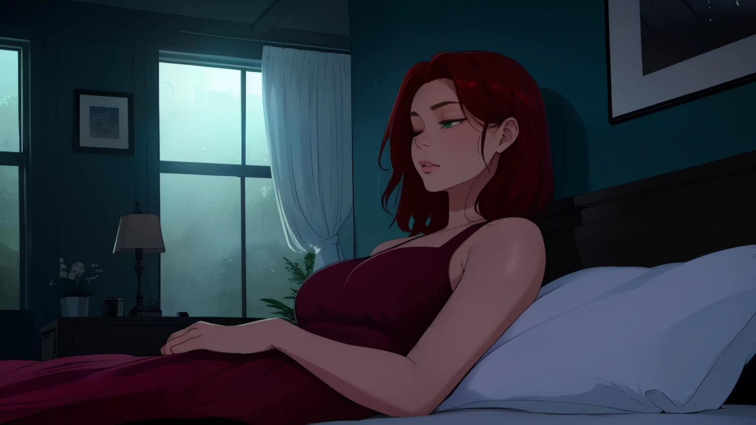 "A cozy and cinematic bedroom with a dark, rainy atmosphere. The room is illuminated by moody neon lights in shades of deep purple and soft green, casting a mysterious and calming glow on the walls. A woman with short auburn red hair is lying on her back on the bed, her head resting comfortably on a soft pillow. Her eyes are gently closed, her expression serene as she relaxes. Outside the large glass window, heavy rain pours down, with water droplets streaming across the glass, enhancing the tranquil ambiance. She is dressed in casual, comfortable clothing, blending seamlessly with the peaceful and cinematic mood. A vintage classic TV is playing static or an old movie, adding a nostalgic touch to the dimly lit room."