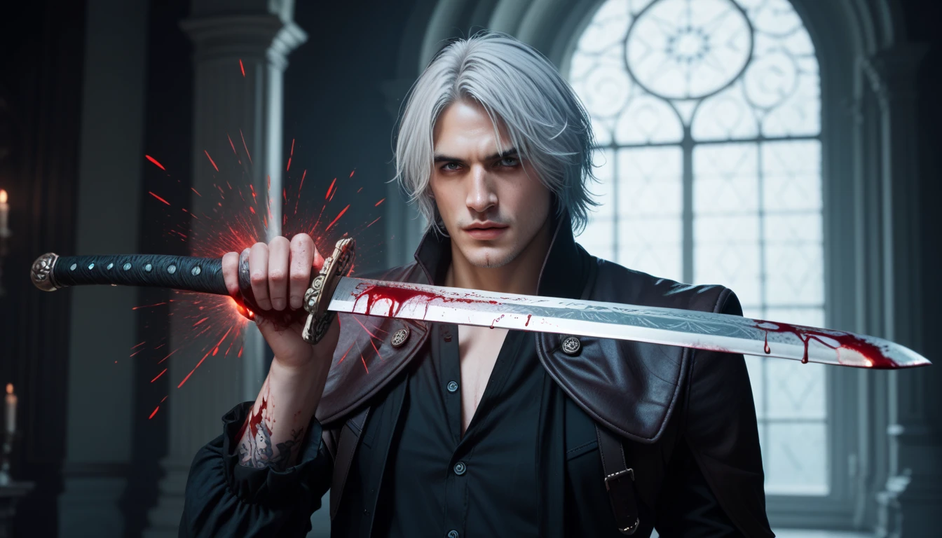 1 man, Dante Sparda, self-confident appearance,  white hair,  masterpiece fails, Dark tones,  Victorian style, Blood,  blood magic, wielding bloody magic,  Gothic Style 