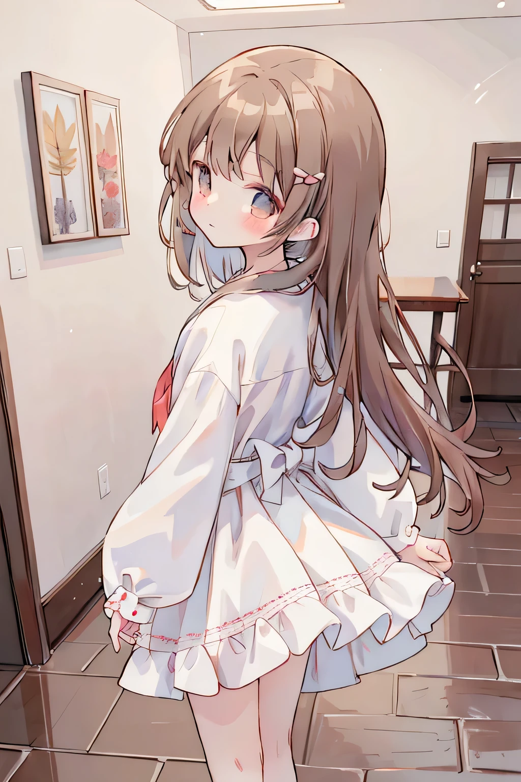 (masutepiece, 8K, Masterpiece, Best Quality) Lori, 8yo, beautiful girl, kawaii, petite, pretty girl, ((half up)), cute hairpin, Brown eyes, Brown hair, Long hair, fluffy hair, red claw, cute earrings, Delicate eyes, Brown outerwear, school unform, white shirt, Light brown mini skirt, cowboy shot, Viewer's Perspective, profile, body side, from below