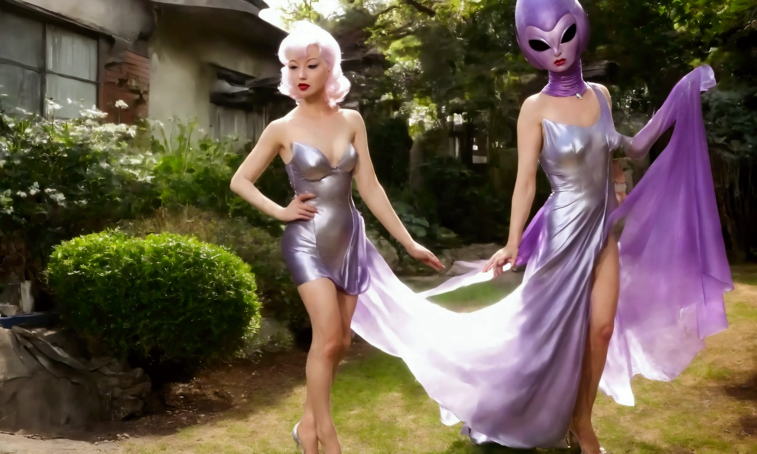 A cute woman (role of Purple alien princess of Venus, sheer silk silver gown, no underwear) is departing her 1950s style UFO to approach a surprised man on earth. 'Venus needs men', Tokyo back yard
