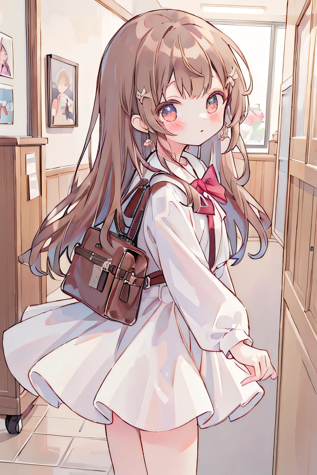 (masutepiece, 8K, Masterpiece, Best Quality) Lori, 8yo, beautiful girl, kawaii, petite, pretty girl, ((half up)), cute hairpin, Brown eyes, Brown hair, Long hair, fluffy hair, red claw, cute earrings, Delicate eyes,  BREAK  (school unform), Brown outerwear, white shirt, brown skirt, (mini skirt), cowboy shot, Viewer's Perspective, profile, body side, from below, low angle