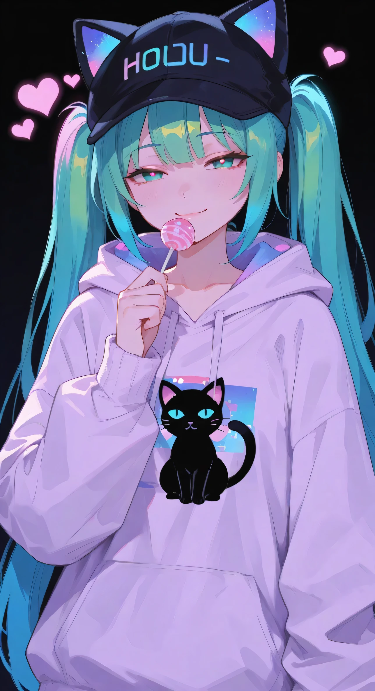 Hatsune Miku,limited palette,black background,colorful,vibrant,glowing outline,neon,blacklight,looking at viewer, masterpiece, very aesthetic, smug, half closed eyes, heart eyes, lollipop anime girl with neon black-green hair and a cat hat, licky anime style illustration holding lollipop, moe artstyle, wallpaper 8 k, digital illustration, beautiful catgirl, she wears a hoodie with animal ears and technowear technology, futuristic fashion in black and holographic colors, many details and buttons on it, cables coming out of the sleeves, the background is that of a simple pattern with cat motifs and paws, purple and black, black cat eyes, holographic, holo details