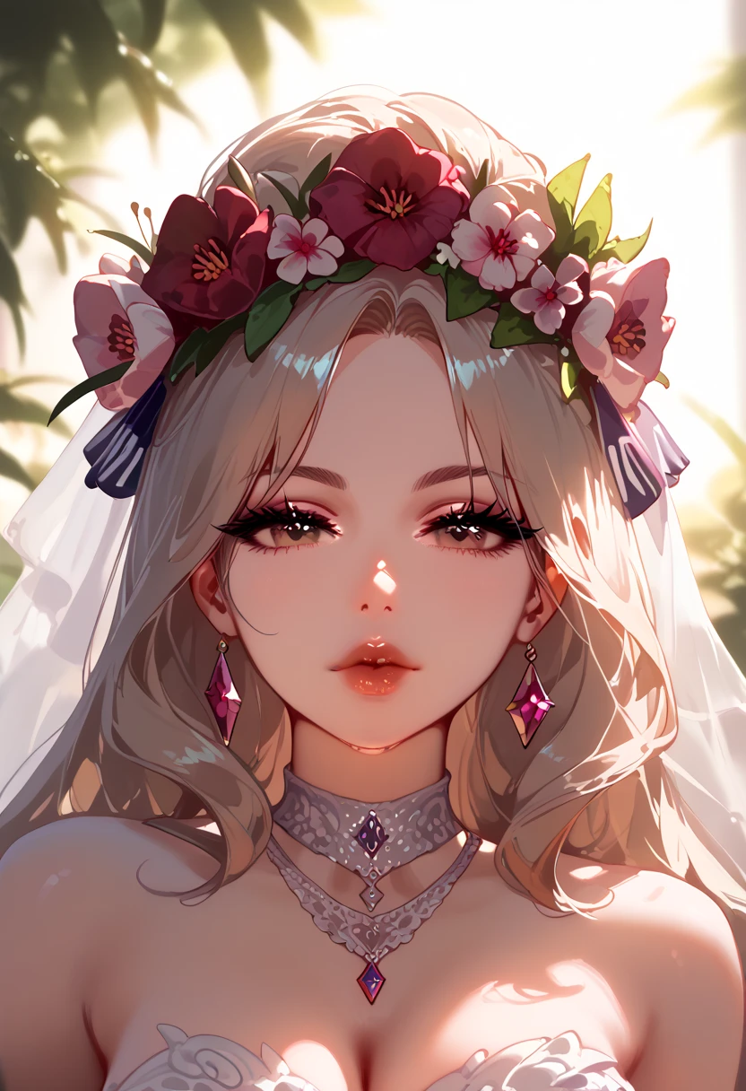 1girl, beautiful detailed eyes, beautiful detailed lips, extremely detailed face and portrait, long eyelashes, elegant hairstyle, flower crown, in a lush garden, sunlight filtering through trees, vibrant colors, soft lighting, warm color palette, cinematic composition, masterpiece, photorealistic, 8k, high quality