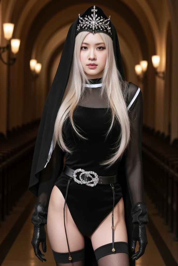 A gorgeous half-Japanese, half-Russian woman with a tall, model-like physique and an hourglass figure. She has porcelain skin and delicate facial features, framed by long, silky platinum hair flowing over her shoulders. She wears a sultry nun-inspired cosplay outfit featuring a sleek, black bodysuit with intricate white trim, paired with sheer panels that add a subtle tease. The outfit is complemented by thigh-high stockings with garter details and a bold silver cross belt accentuating her waist. Her headpiece is a modern take on a nun's veil, adorned with shimmering black lace and small jewel embellishments. She also wears a choker with a gothic cross pendant and long gloves that match the outfit's elegant yet daring design. The background is a moody, candlelit chapel with gothic architecture, adding drama and mystery. Her pose is bold and charismatic, exuding confidence while staying stylishly thematic ,realistic,full-body_portrait