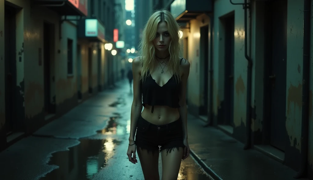 night, realistic, photography, of drug addicted tiny blonde young woman in black shorts and black shoes, looks like Emma Stone, Large interpupillary distance, white trash clothes gothic, Smokey Eyes, waking on big street in New York City.  Her eyes, fogged by drugs, stare blankly into space, completely disconnected from her surroundings.  neon light from the street reflects off the puddles. The atmosphere is heavy and somber, emphasizing her isolation and despair