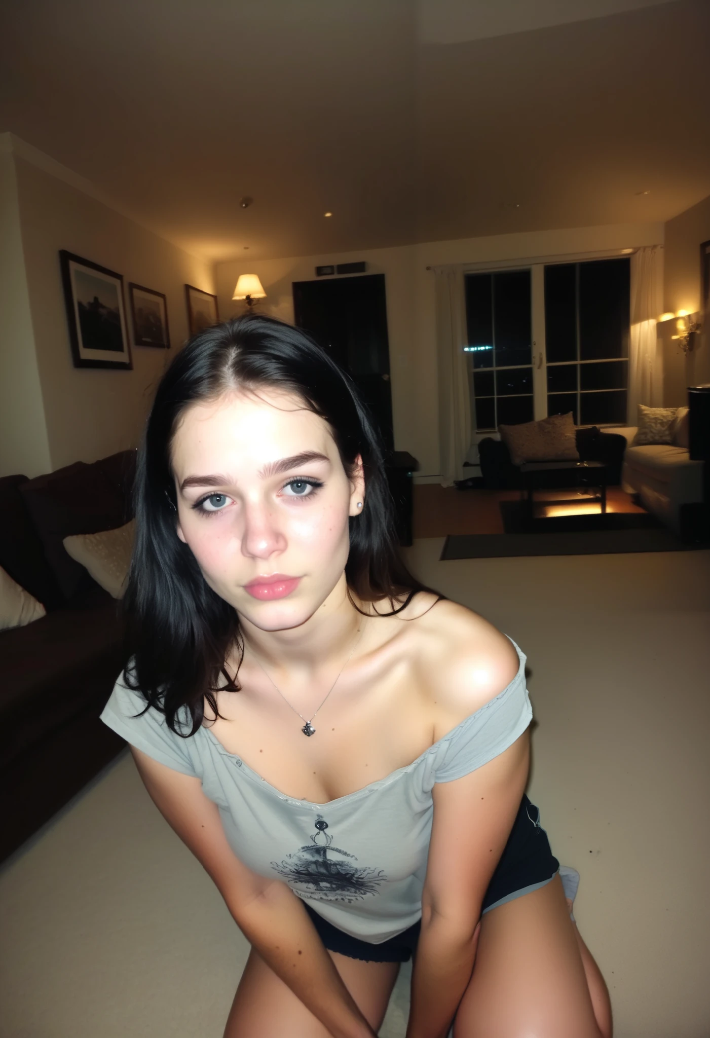 score_9, score_8_above, score_7_above, photo, woman, , short clothes, living room, rare angle PHOTO, FULL BODY, night, grainy, amateur, low resolution, 2020s nostalgia, webcam photo, day, in the living room , poor house, beloved photo, facial reference to Barbara Palvin, long black hair, black eyes, BODY WITH CLOMBIAN FEATURES, FULL AND MEDIUM SIZE FAT, INSTAGRAM BLOGGER, STORY PHOTO STYLE