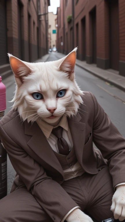  character:
	White Cat: impeccable coat ,  Blue Eyes, Brown Suit, everything dirty.	

	action:
	 lying on the floor ,  a bottle of drink next to him, And a cell phone in his hand .

	cena:
	deserted street, uneven floor .