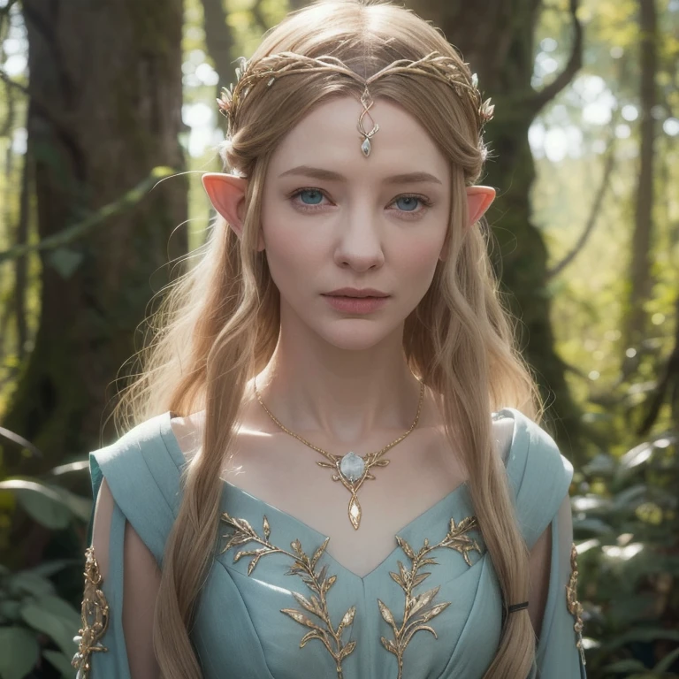  a young Cate Blanchett, she's looking at viewer,elegant fantasy elf princess, flowing blonde hair, piercing blue eyes, delicate facial features, ornate elven headdress and jewelry, graceful pose,full body slim, vine and leaf dress,living ents forest background with many ents, magical atmosphere, warm lighting, muted color palette, cinematic, detailed, highly realistic, 8k, photorealistic, flat chest,