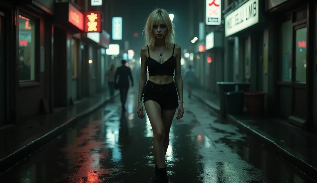 night, realistic, photography, of drug addicted tiny blonde young woman in black shorts and black shoes, looks like Emma Stone, Large interpupillary distance, white trash clothes gothic, Smokey Eyes, walking up a bustling street in New York City at night.  Her eyes, fogged by drugs, stare blankly into space, completely disconnected from her surroundings.  neon light from the street reflects off the puddles. The atmosphere is heavy and somber, emphasizing her isolation and despair