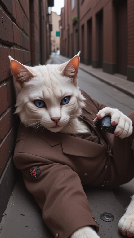  character:
	White Cat: impeccable coat ,  Blue Eyes, Brown Suit, everything dirty.	

	action:
	He's sleeping lying on the floor,  a bottle of drink next to him, And a cell phone in his hand .

	cena:
	deserted street, uneven floor .