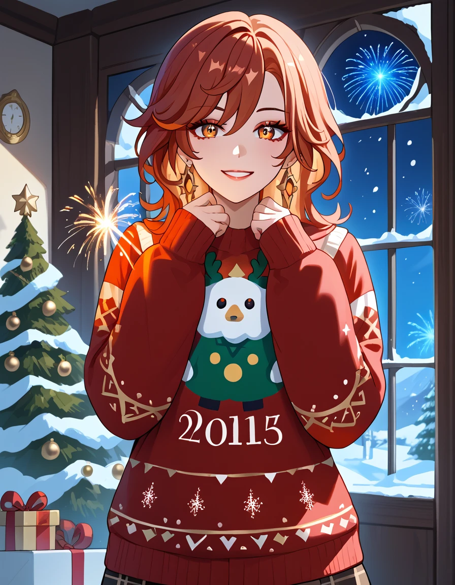 solo, happy look, happy smiling, happy atmosphere, Christmas, winter, snow, night sky, Mavuika from Genshin Impact, eyeshadow, A tall woman with fair skin, golden eyes and red hair. She's wearing a Christmas sweater and a plaid skirt, ( beautiful eyes:1.1), (perfect face, detailed face, detailed eyes, perfect eyes, perfect hands, perfect fingers, medium breast, upper body), perfect hands, detailed clothing, long legs full body, indoors, She stands next to the Christmas tree holding a sparkler in her hands, Christmas decorations on trees, New Year's Eve fireworks in the window on the background, (looking at the viewer),