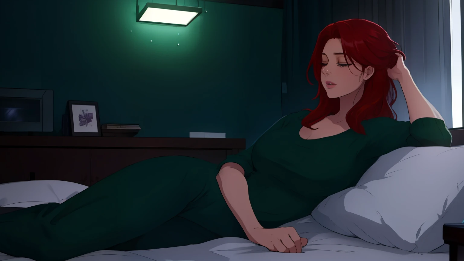 "A cozy and cinematic bedroom with a dark, rainy atmosphere. The room is illuminated by moody neon lights in shades of deep purple and soft green, casting a mysterious and calming glow on the walls. A woman with short auburn red hair is lying on her back on the bed, her head resting comfortably on a soft pillow. Her eyes are gently closed, her expression serene as she relaxes. Outside the large glass window, heavy rain pours down, with water droplets streaming across the glass, enhancing the tranquil ambiance. She is dressed in casual, comfortable clothing, blending seamlessly with the peaceful and cinematic mood. A vintage classic TV is playing static or an old movie, adding a nostalgic touch to the dimly lit room."
