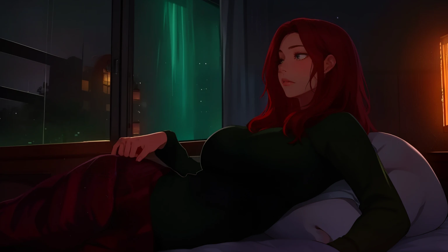 "A cozy and cinematic bedroom with a dark, rainy atmosphere. The room is illuminated by moody neon lights in shades of deep purple and soft green, casting a mysterious and calming glow on the walls. A woman with short auburn red hair is lying on her back on the bed, her head resting comfortably on a soft pillow. Her eyes are gently closed, her expression serene as she relaxes. Outside the large glass window, heavy rain pours down, with water droplets streaming across the glass, enhancing the tranquil ambiance. She is dressed in casual, comfortable clothing, blending seamlessly with the peaceful and cinematic mood. A vintage classic TV is playing static or an old movie, adding a nostalgic touch to the dimly lit room."
