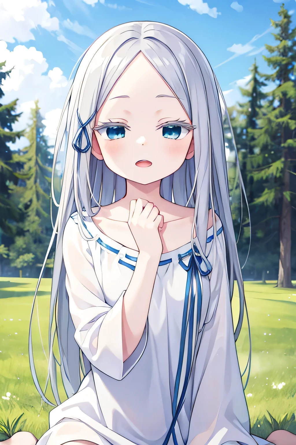 pandora, pddf, green grass area, masterpiece, open mouth, sit pose, blue eyes, upper body, blink eyes, closed eyes