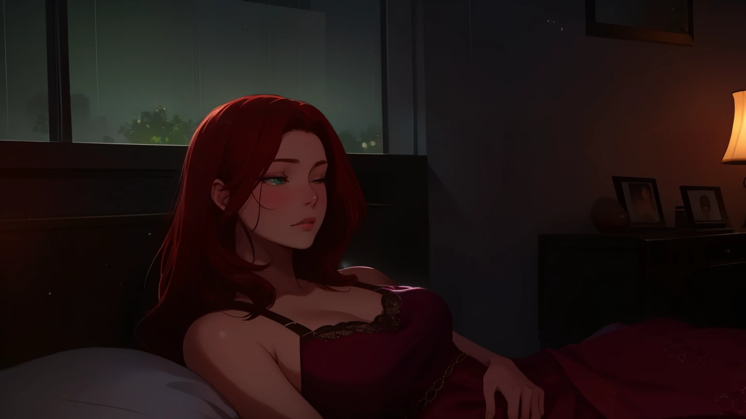 "A cozy and cinematic bedroom with a dark, rainy atmosphere. The room is illuminated by moody neon lights in shades of deep purple and soft green, casting a mysterious and calming glow on the walls. A woman with short auburn red hair is lying on her back on the bed, her head resting comfortably on a soft pillow. Her eyes are gently closed, her expression serene as she relaxes. Outside the large glass window, heavy rain pours down, with water droplets streaming across the glass, enhancing the tranquil ambiance. She is dressed in casual, comfortable clothing, blending seamlessly with the peaceful and cinematic mood. A vintage classic TV is playing static or an old movie, adding a nostalgic touch to the dimly lit room."
