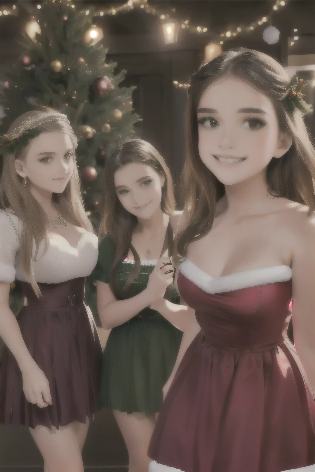 A detailed, high-quality Stable Diffusion prompt for the given topic would be:

3 beautiful girls in elegant dresses, detailed facial features, long eyelashes, charming expressions, graceful poses, standing in front of a large, beautifully decorated Christmas tree, festive atmosphere, warm lighting, holiday mood, photorealistic, 8k, high resolution, intricate details, vivid colors, cinematic composition