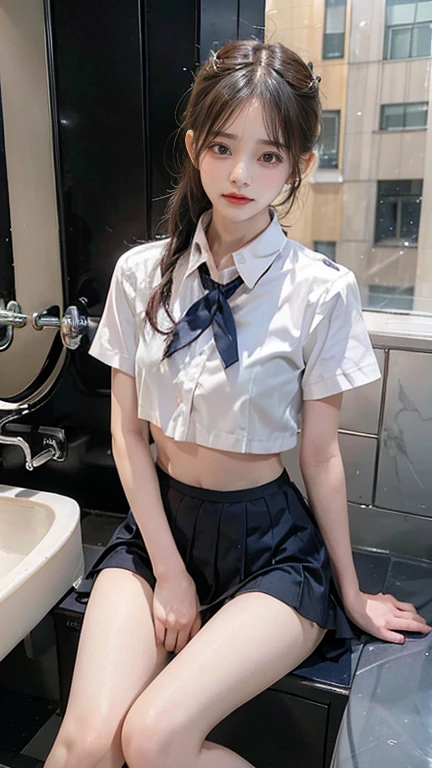 Very detailed CG Unity 8k wallpaper、highest quality、Very detailed、masterpiece、reality、Photorealistic、Very detailedなかわいい女の子、18-year-old、(High school girl in Japan uniform)、((White short sleeve buttoned shirt:1.4))、((Shooting from the front:1.4))、((Dark blue bow tie:1.4))、((Sitting on a red sofa:1.4))、((Model pose:1.4))、blush、Cleft lip、Looking at the audience、((Cowboy Shot:1.4))、(Navy blue short pleated skirt,:1.5)、(short sleeve white shirt for students)、(Straight medium long hair:1.7)、(Beautiful Face:1.3)、(Perfect Proportions:1.2)、(Long legs:1.2)、(Small breasts:1.3)、((Upper Body))、((White panties are visible:1.4))、Angle from below、reality、smile:1.7、