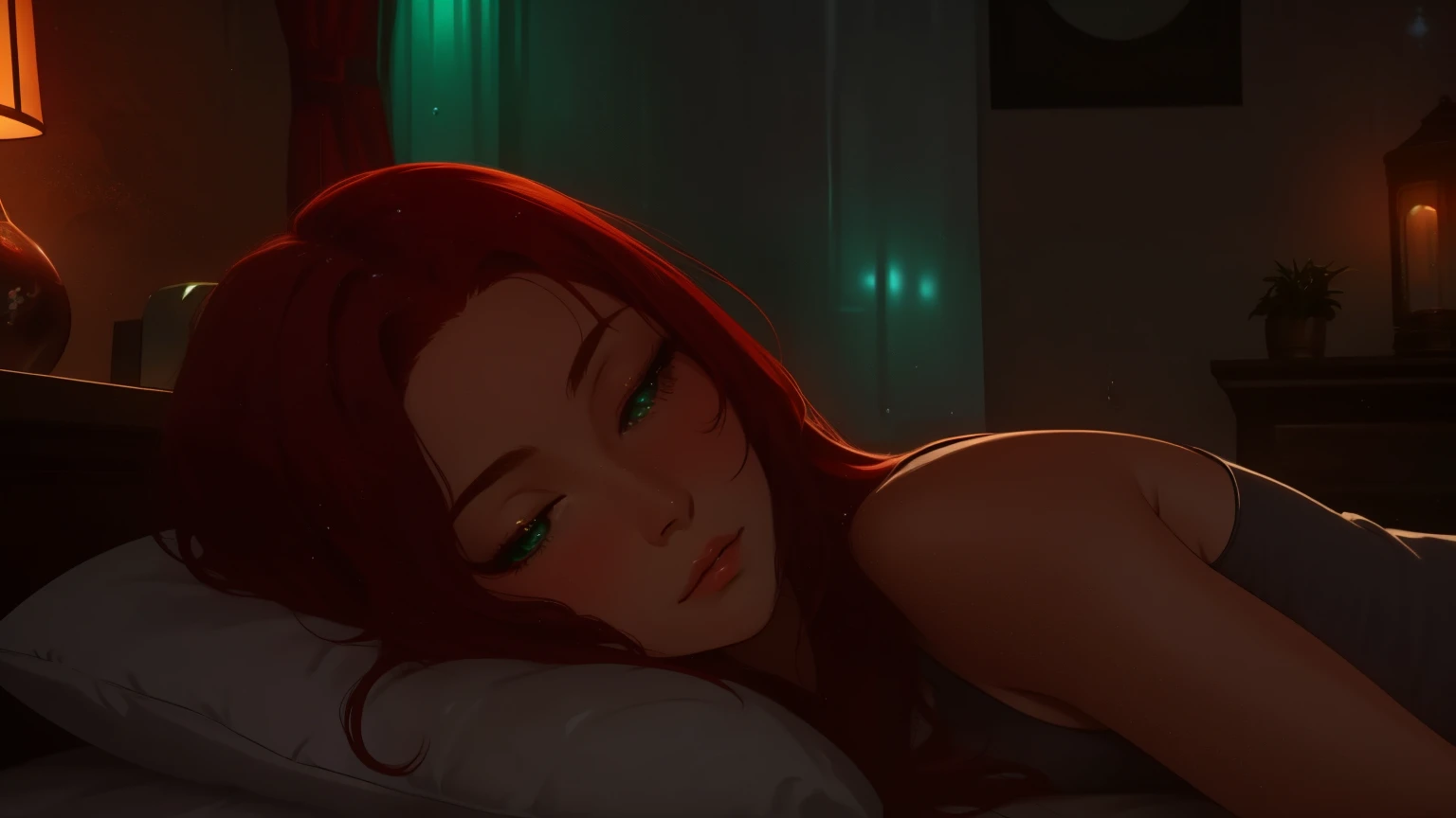 "A cozy and cinematic bedroom with a dark, rainy atmosphere. The room is illuminated by moody neon lights in shades of deep purple and soft green, casting a mysterious and calming glow on the walls. A woman with short auburn red hair is lying on her back on the bed, her head resting comfortably on a soft pillow. Her eyes are gently closed, her expression serene as she relaxes. Outside the large glass window, heavy rain pours down, with water droplets streaming across the glass, enhancing the tranquil ambiance. She is dressed in casual, comfortable clothing, blending seamlessly with the peaceful and cinematic mood. A vintage classic TV is playing static or an old movie, adding a nostalgic touch to the dimly lit room."
