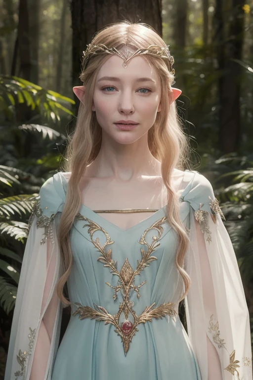  a young Cate Blanchett, she's floating,she's looking at viewer,elegant fantasy elf princess, flowing blonde hair, piercing blue eyes, delicate facial features, ornate elven headdress and jewelry, graceful pose,full body slim, vine and leaf dress,living ents forest background with many ents, magical atmosphere, warm lighting, muted color palette, cinematic, detailed, highly realistic, 8k, photorealistic, flat chest,open chest.