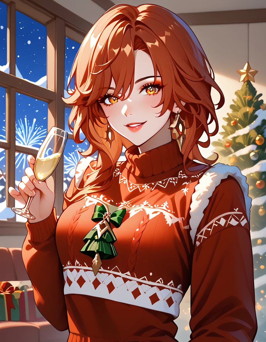 solo, happy look, happy smiling, happy atmosphere, Christmas, winter, snow, night sky, Mavuika from Genshin Impact, eyeshadow, A tall woman with fair skin, golden eyes and red hair. She's wearing a Christmas sweater and a plaid skirt, ( beautiful eyes:1.1), (perfect face, detailed face, detailed eyes, perfect eyes, perfect hands, perfect fingers, medium breast, upper body), perfect hands, detailed clothing, long legs full body, Full-length focus, indoors, She stands next to the Christmas tree, holding a glass of champagne in one hand, Christmas decorations on trees, New Year's Eve fireworks in the window on the background, (looking at the viewer), Shiny Skin NSFW