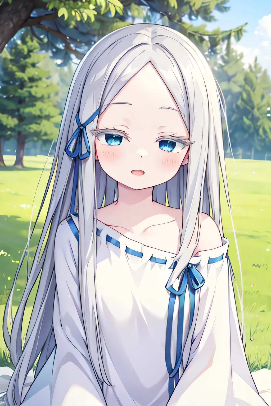 pandora, pddf, green grass area, masterpiece, open mouth, sit pose, blue eyes, upper body, blink eyes, closed eyes, long hair, looking at side, cute pose