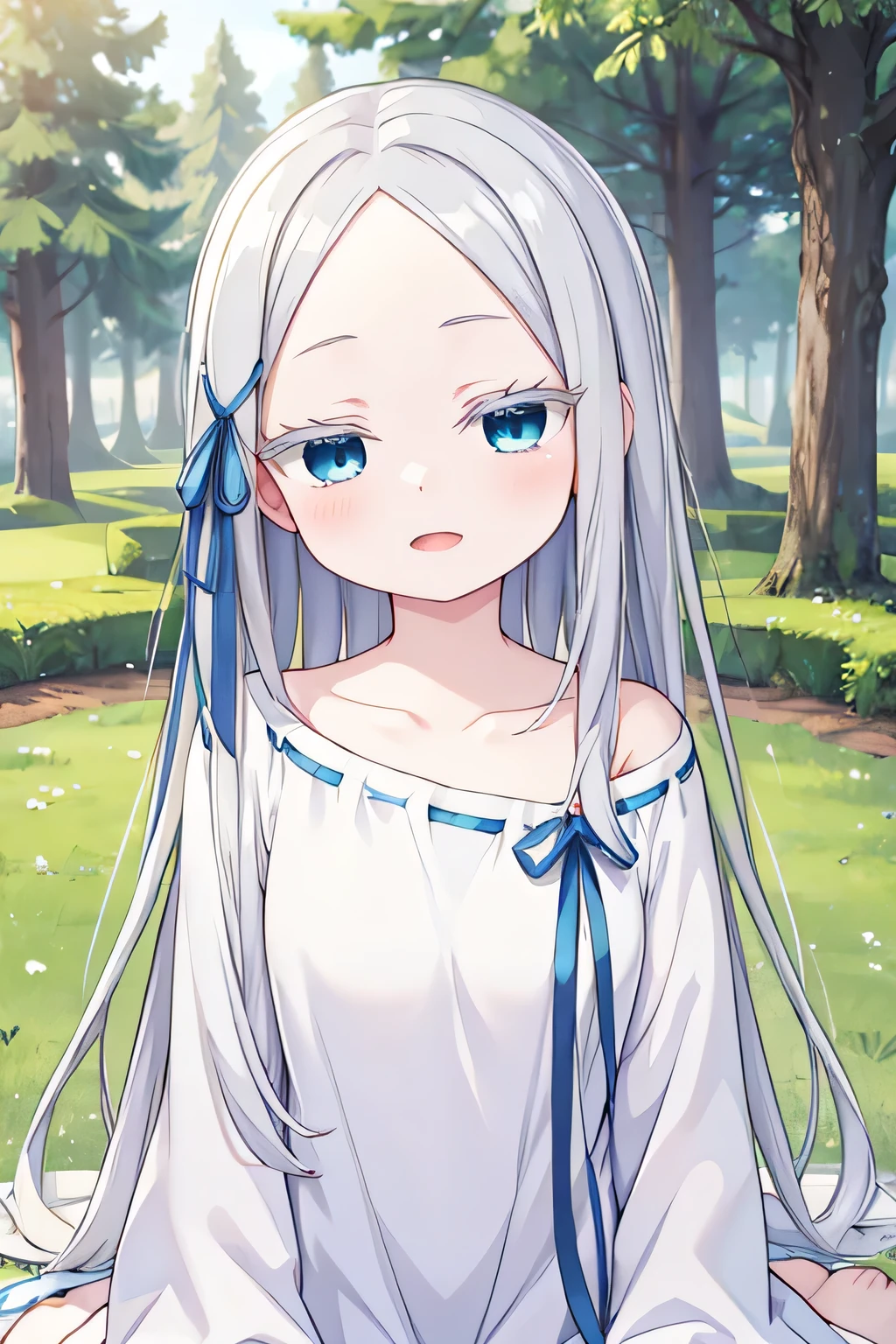 pandora, pddf, green grass area, masterpiece, open mouth, sit pose, blue eyes, upper body, blink eyes, closed eyes, long hair, looking at side, cute pose