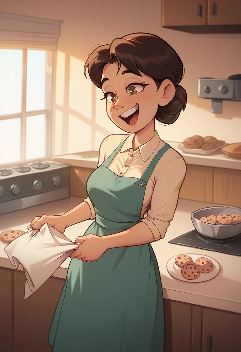 1girl, baker, short brown hair, apron, dress, holding a sheet of cookies, old kitchen, happy, tipping head to the side