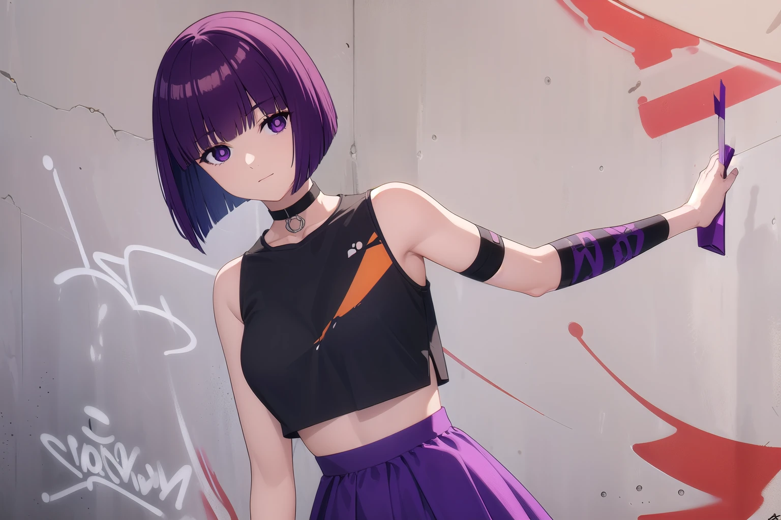 masterpiece, best quality, 1girl, solo, stylish crop top, purple eyes, short hair, bangs, purple hair, smile, vibrant short, (sliced_bob), bobhair, short-hair, short bob hair, (((bobcut))), bob haircut, very short bob cut, lip length hair, blunt ends, buzzed nape ((haircut:1.3)), undercut, bobbed hair, minibob, side cut, shaved, graduation bob, straight short hair, short hair above the ears, Shot diagonally from the side, elegant braid, soft bangs, upper body, alluring choker, (graffiti:1.5), artistic paint splatter, seductive arms behind back, leaning against wall, exposed back, fashionable armband, urban hiphop style, flirty skirt, playful head tilt, intense expression, warm orange, dynamic asymmetrical design, bold geometric shapes, creative street art