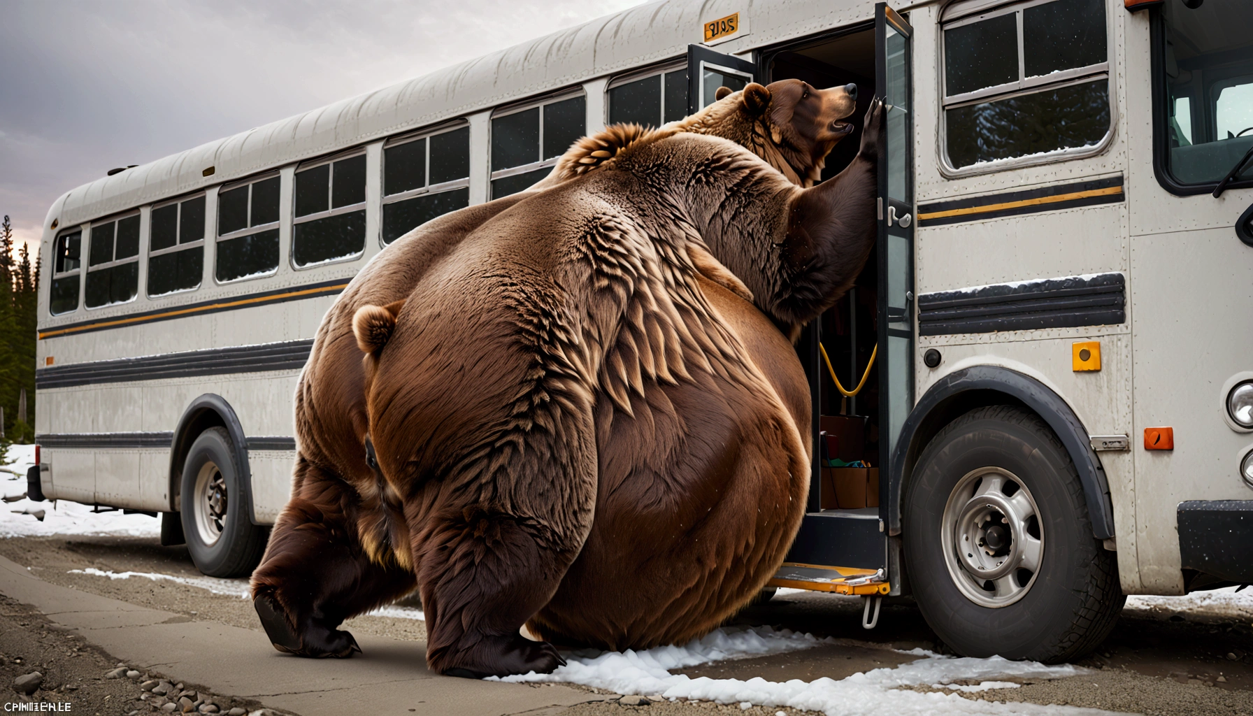 A massive grizzly bear with an unbelievably extremely massive belly, so heavy it drags along the ground, struggles to fit through the narrow doorway of a bus. Its belly presses tightly against the edges of the frame, bulging slightly as it slowly pushes forward, causing the bus to creak under the strain. The bear's fur brushes against the door as it inches through, its sheer size making the task difficult but not impossible, creating a tense yet humorous moment.