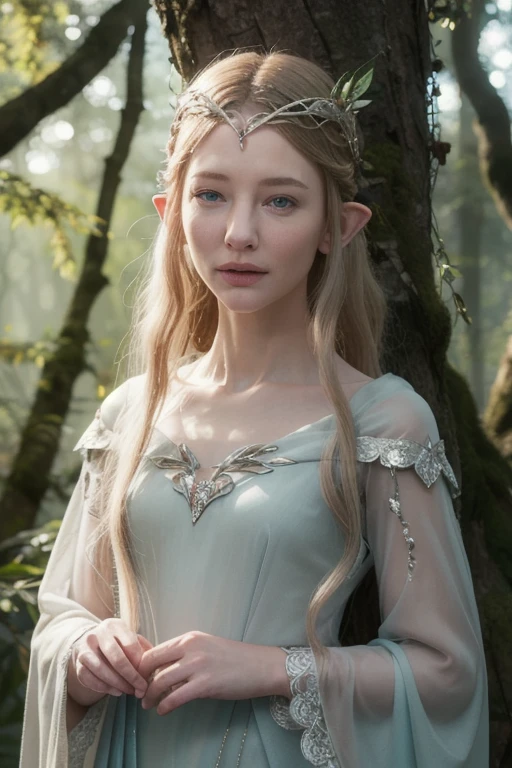  a very young Cate Blanchett, she's floating in the night,she's looking at viewer,elegant fantasy elf princess, flowing blonde hair, piercing blue eyes, delicate facial features, ornate elven headdress and jewelry, graceful pose,full body slim, vine and leaf dress,living ents forest background with many ents, magical atmosphere, warm lighting, muted color palette, cinematic, detailed, highly realistic, 8k, photorealistic, flat chest,open chest.