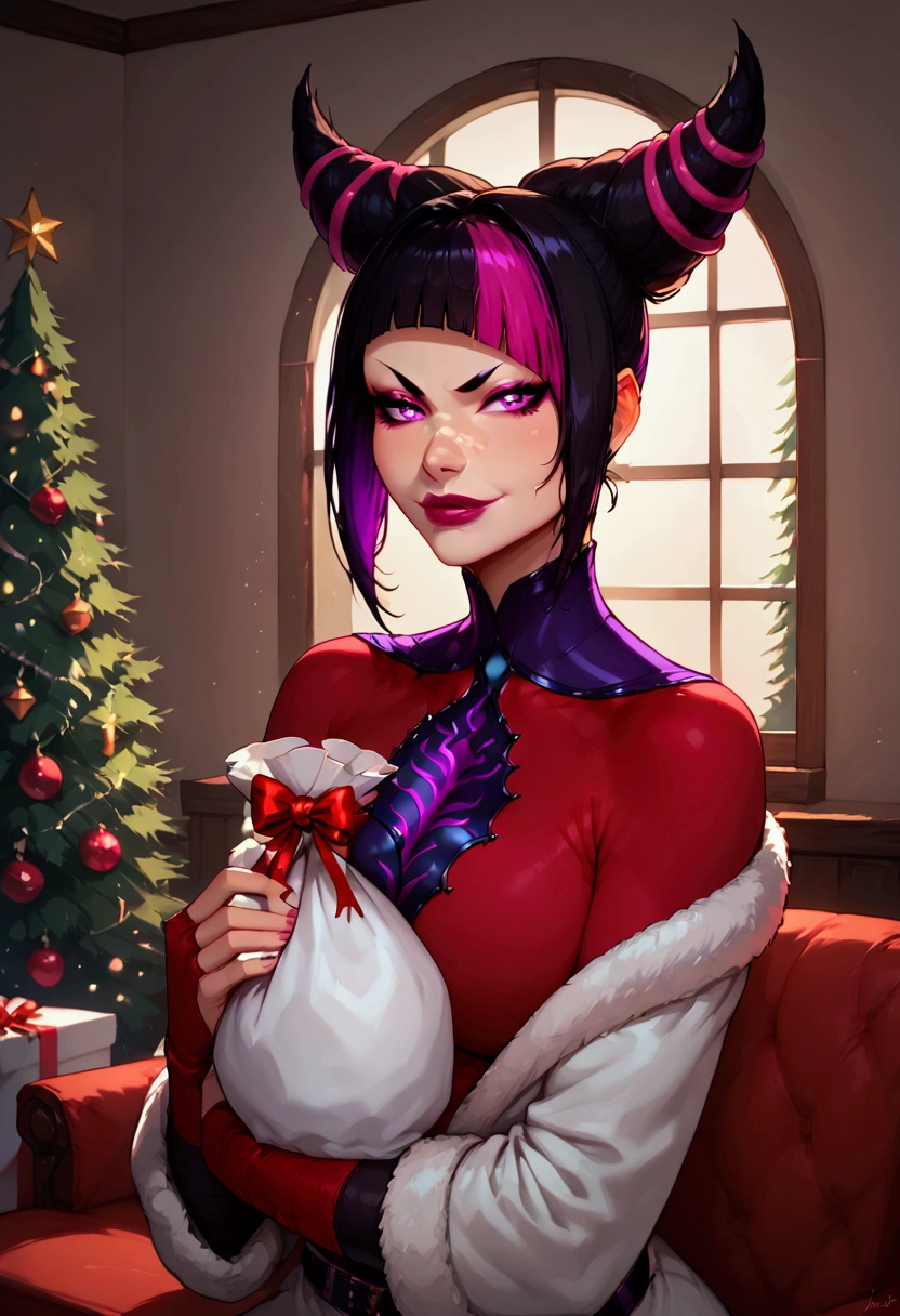 Juri Han、attractive,desire, Obscene, purple eyes,thick,curvy, black hair, purple eyes, black hair, bangs, hair horns, multicolored hair,streaked hair, makeup, lipstick, Captivating body lines , (( fine facial features , seductive smirk, eroticism)), dressed in a festive red and white Santa suit, Santa's long boots, with a radiant smile. She is surrounded by an array of beautifully wrapped gifts in vibrant colors, holding a large sack brimming with presents. The background is filled with holiday cheer, including twinkling fairy lights, a decorated Christmas tree, and a cozy fireplace, creating a warm and magical atmosphere,   