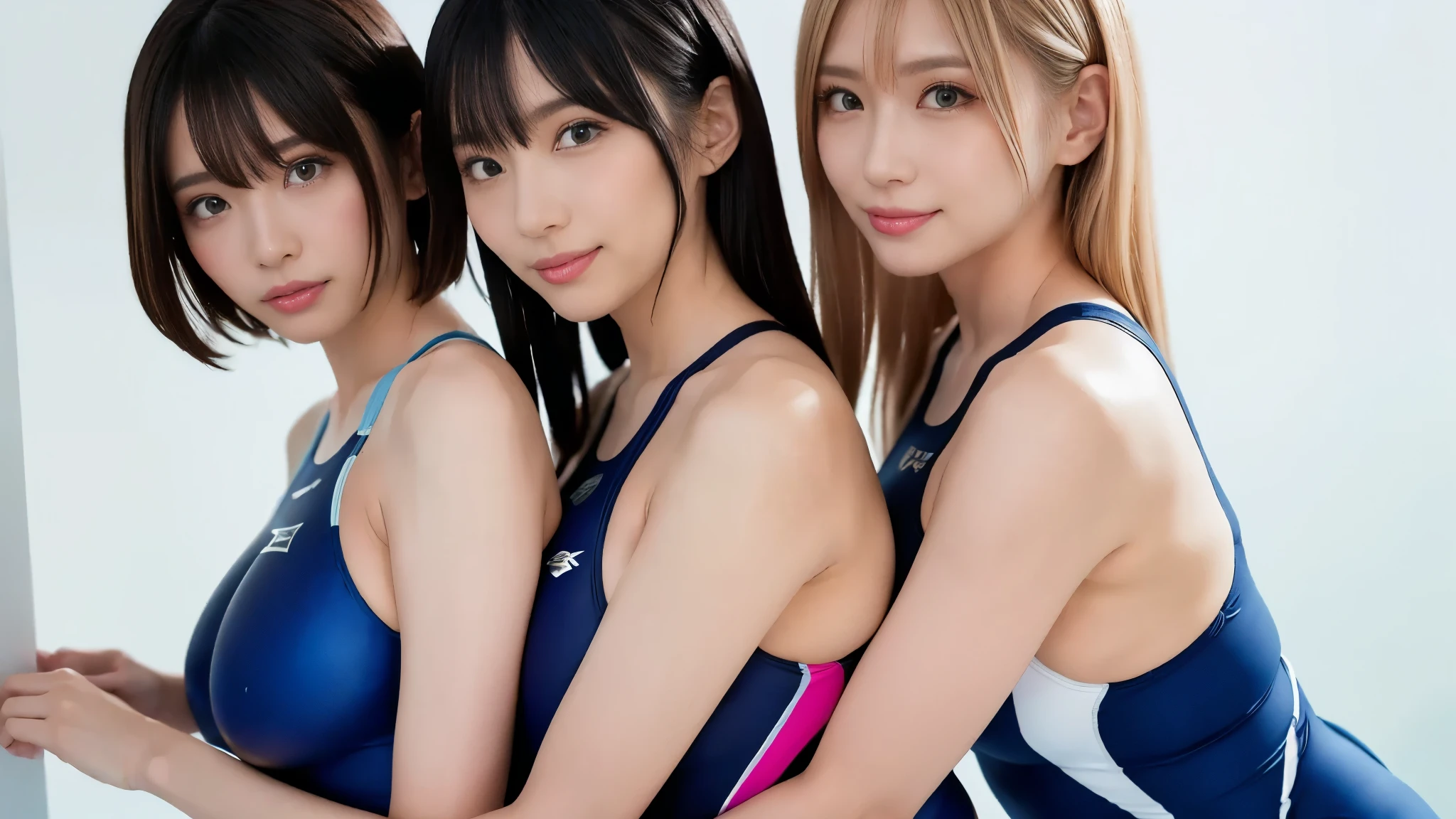  top quality ,masterpiece, super high res, high-definition RAW color photo staring at your feet, Pro Pictures, natural skin texture, fine skin, Hyperrealism , smiles, cute smile,( blonde long hair,,long blonde gal,(gigantic breasts), shiny competitive swimsuit ,white swim racing suit),(((asymmetrical docking,A group of 3 women who are close to each other, gal makeup, upper body lift with an emphasis on facial expression,hug,minimal background ,from side)))