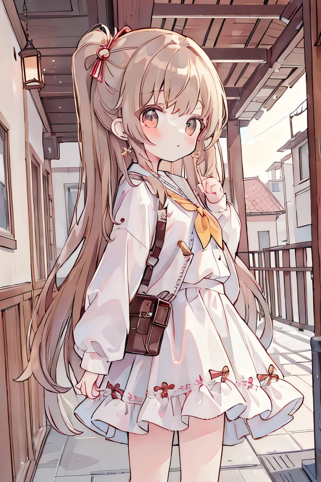 (masutepiece, 8K, Masterpiece, Best Quality) Lori, , beautiful girl, kawaii, petite, pretty girl, ((half up)), cute hairpin, Brown eyes, Brown hair, Long hair, fluffy hair, red claw, cute earrings, Delicate eyes, BREAK (school unform), Brown outerwear, white shirt, brown skirt, (mini skirt), cowboy shot, Viewer's Perspective, profile, body side, from below, low angle