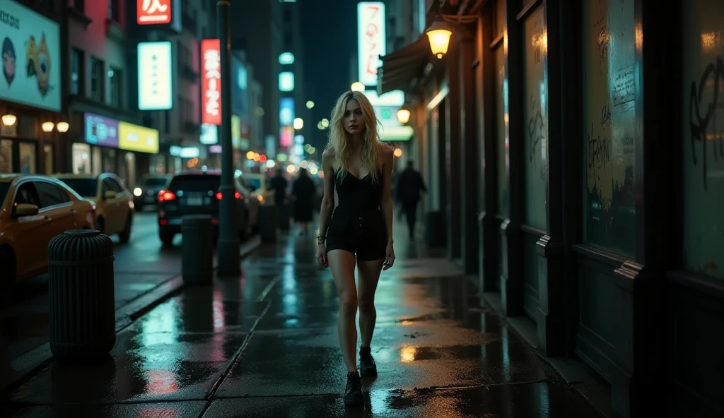 Night, realistic, photography of a tiny, drug-addicted young blonde woman, resembling Emma Stone, with a large interpupillary distance. She has smokey eyes, wears black shorts and black shoes, and walks along the right side of a wet pedestrian walkway on a bustling New York City street at night. Neon lights from the vibrant signs above illuminate the scene, reflecting off puddles on the ground. Her drug-fogged eyes stare blankly into space, completely disconnected from the lively chaos around her. The atmosphere is dark, heavy, and somber, capturing her isolation and despair amidst the city's relentless energy