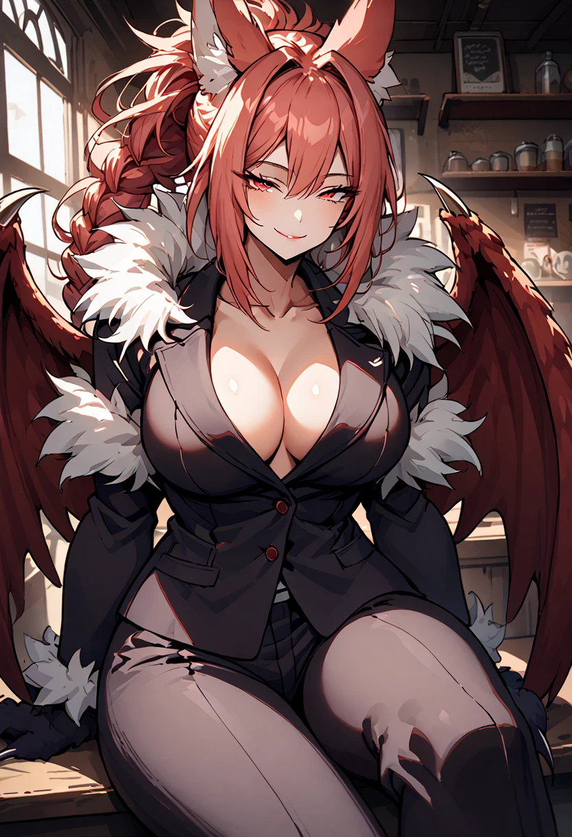 solo, female, huge female, 7 foot tall, smile, friendly, half closed eyes, red eyes, light red hair, long straight hair, side-tail, ManticoreMGE, monster girl, prehensile tail, animal ears, single braid, neat suit, broad shoulders, muscular, slightly bulky body, open collar, cafe, sitting, fur, wings, claws, large breasts, looking at viewer, close-up, upper body, sunny, indoors