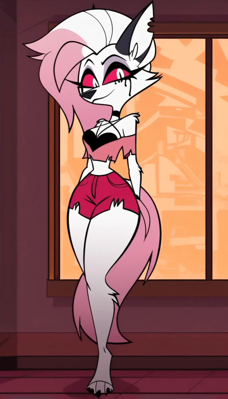 score_9, score_8_up, score_7_up, score_6_up, score_5_up, 1girl, hekapoo, lace red bra, lace thong, smiling, hand on hip, svtfoe style, back view, ass,