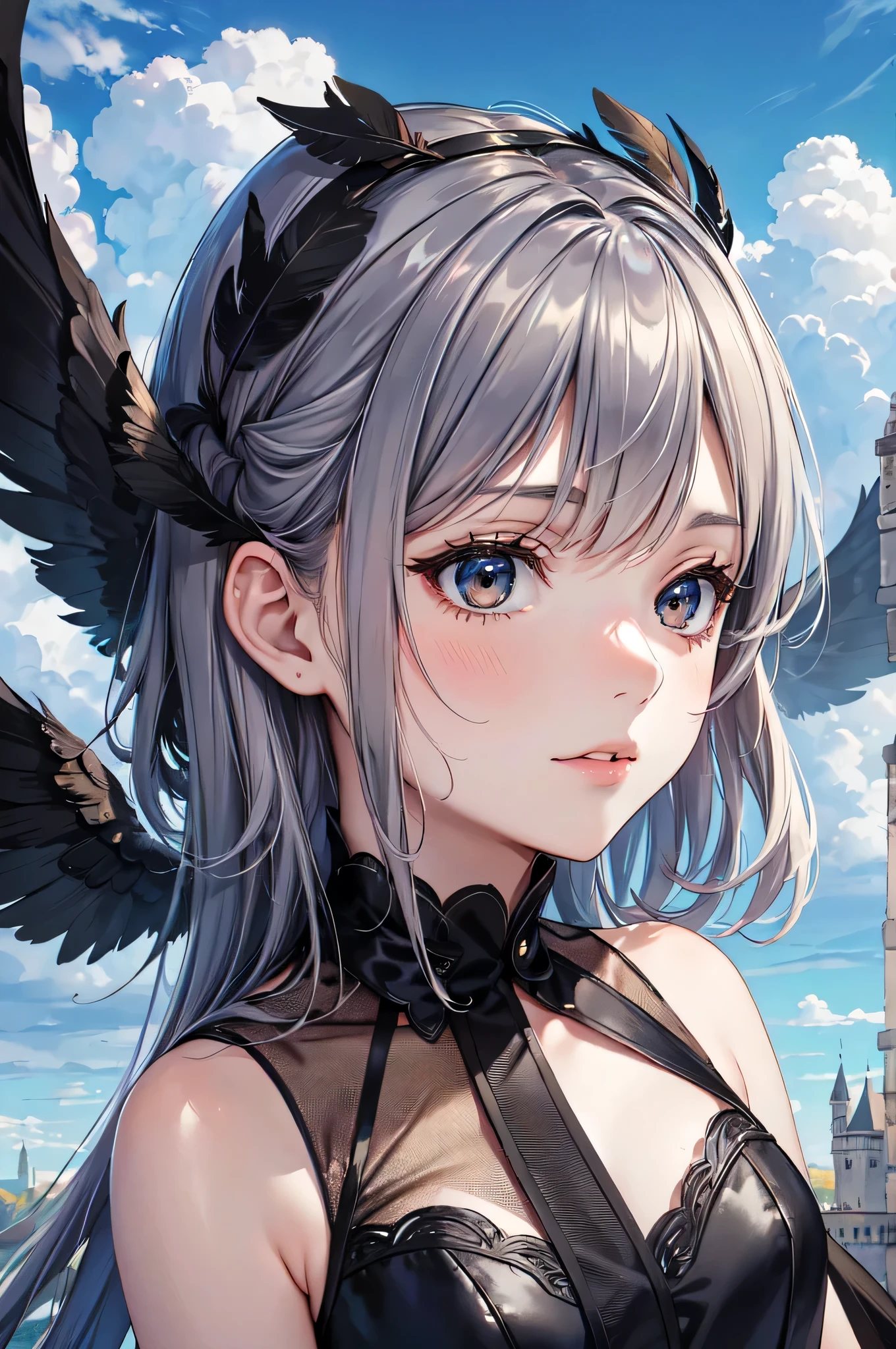 Moroccan masterpiece , fille ange, young, ans,Brunette with wings, Robe noire à plumes, gros plan portrait, Delicate face , Beaucoup de plumes noires, Silver,black wings, blue sky, cloud, castle, visualizer ,(style de couverture:1.3)