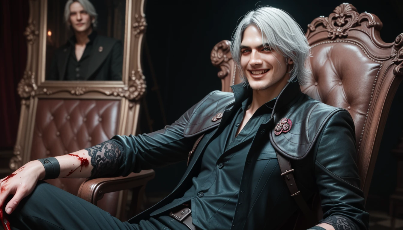 1 man, Dante Sparda,  white hair,  masterpiece fails, Dark tones,  Victorian style, sits like a bloody god, wielding bloody magic,  Cheeky smile , bloody pentagram