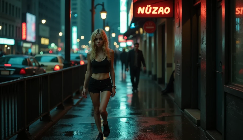 Night, realistic, photography of a tiny, drug-addicted young blonde woman, resembling Emma Stone, with a large interpupillary distance. She has smokey eyes, wears black shorts and black shoes, and walks along the right side of a wet pedestrian walkway on a bustling New York City street at night. Neon lights from the vibrant signs above illuminate the scene, reflecting off puddles on the ground. Her drug-fogged eyes stare blankly into space, completely disconnected from the lively chaos around her. The atmosphere is dark, heavy, and somber, capturing her isolation and despair amidst the city's relentless energy