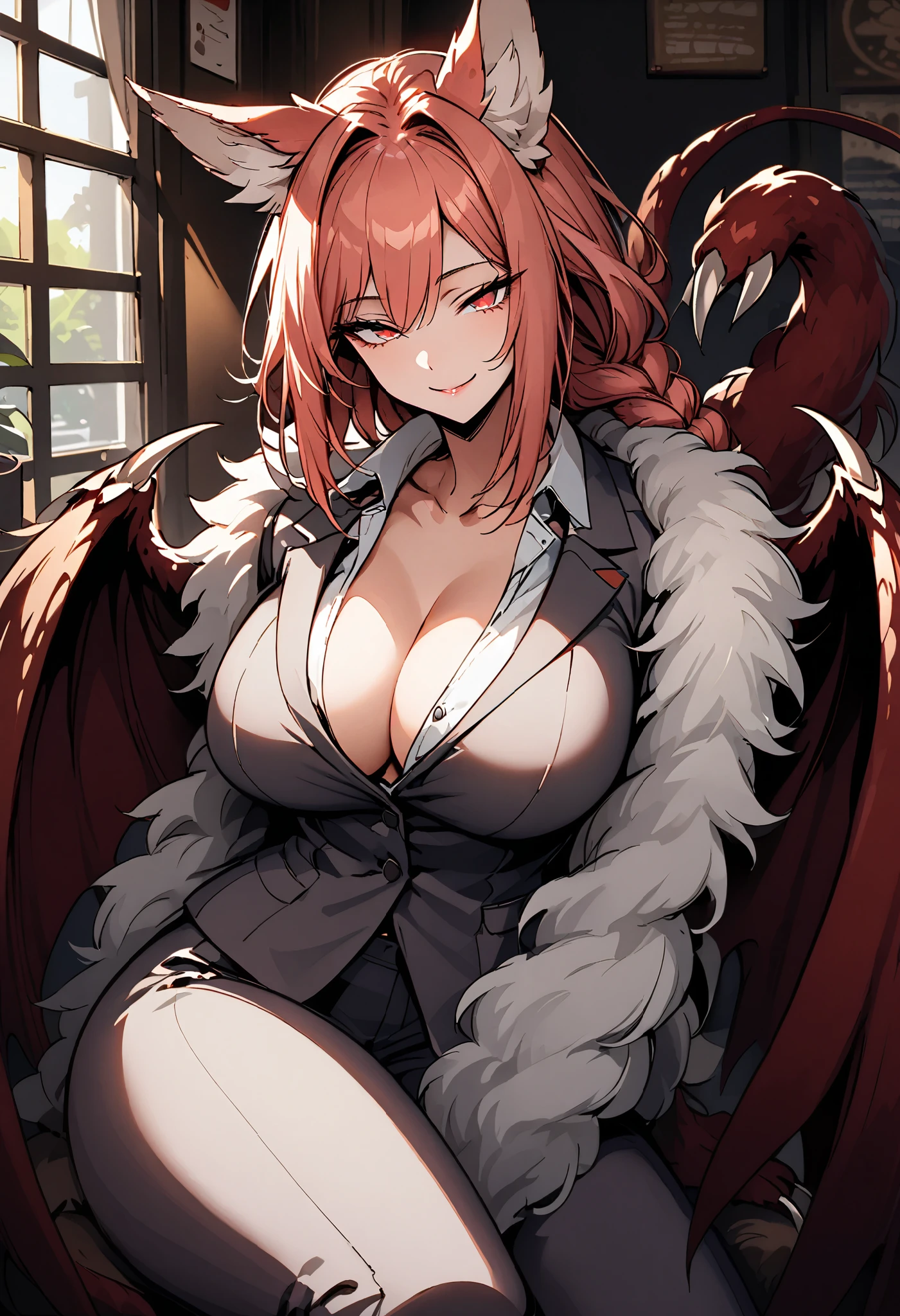 solo, female, huge female, 7 foot tall, smile, friendly, half closed eyes, red eyes, light red hair, long straight hair, side-tail, ManticoreMGE, monster girl, prehensile tail, animal ears, single braid, neat suit, broad shoulders, muscular, slightly bulky body, open collar, cafe, sitting, fur, wings, claws, large breasts, looking at viewer, close-up, upper body, sunny, indoors, white button shirt, extremely tall