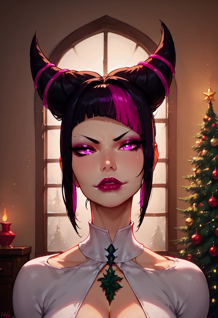 Juri Han、attractive,desire, Obscene, purple eyes,thick,curvy, black hair, purple eyes, black hair, bangs, hair horns, multicolored hair,streaked hair, makeup, lipstick, Captivating body lines , (( fine facial features , seductive smirk, eroticism)), dressed in a festive red and white Santa suit, Santa's long boots, with cleavage. She is surrounded by an array of beautifully wrapped gifts in vibrant colors. The background is filled with holiday cheer, including twinkling fairy lights, a decorated Christmas tree, and a cozy fireplace, creating a warm and magical atmosphere,   