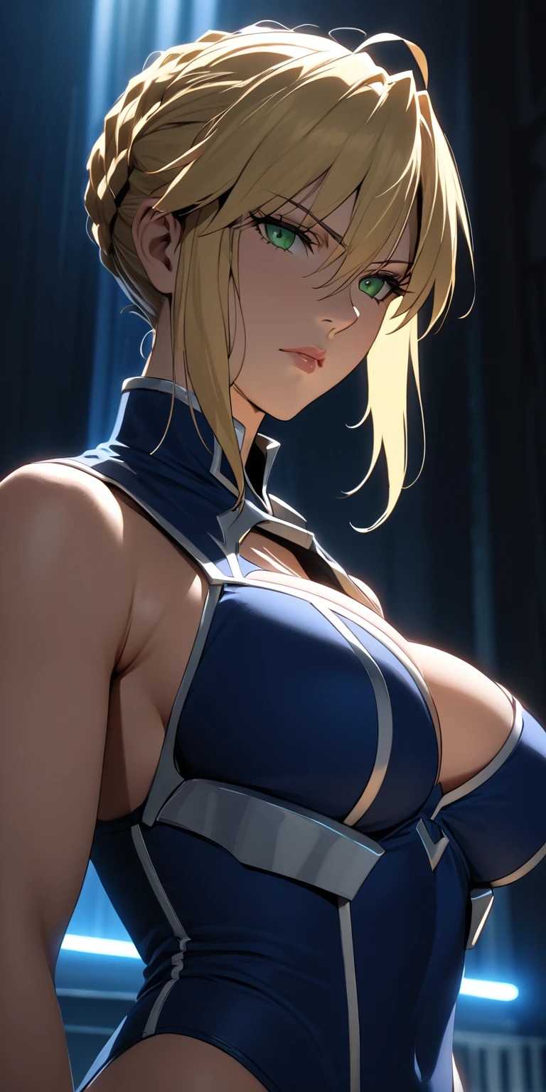 masterpiece, high quality, 1girl, badass mature female, blonde hair, bun braid, green eyes, Artoria pendragon (lancer) (fate), expressionless, sleeveless blue leotard, cutout cleavage, big breast, curvaceous, upper body, cinematic lighting