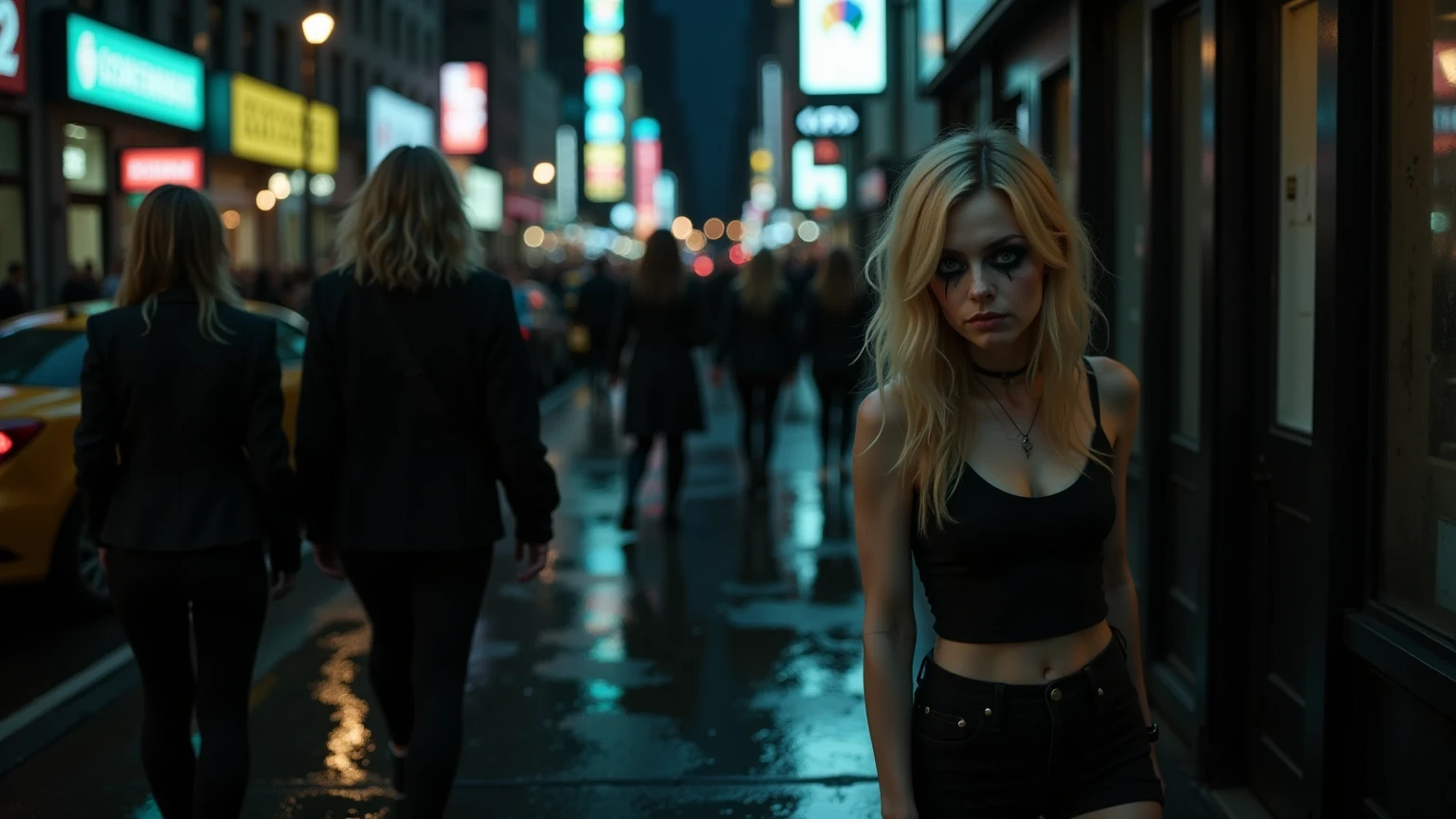 Night, realistic, photography of a tiny, drug-addicted young blonde woman, resembling Emma Stone, with a large interpupillary distance. She has smokey eyes, wears black shorts and black shoes, and walks along the right side of a wet pedestrian walkway on a bustling New York City street at night. Neon lights from the vibrant signs above illuminate the scene, reflecting off puddles on the ground. Her drug-fogged eyes stare blankly into space, completely disconnected from the lively chaos around her. The atmosphere is dark, heavy, and somber, capturing her isolation and despair amidst the city's relentless energy