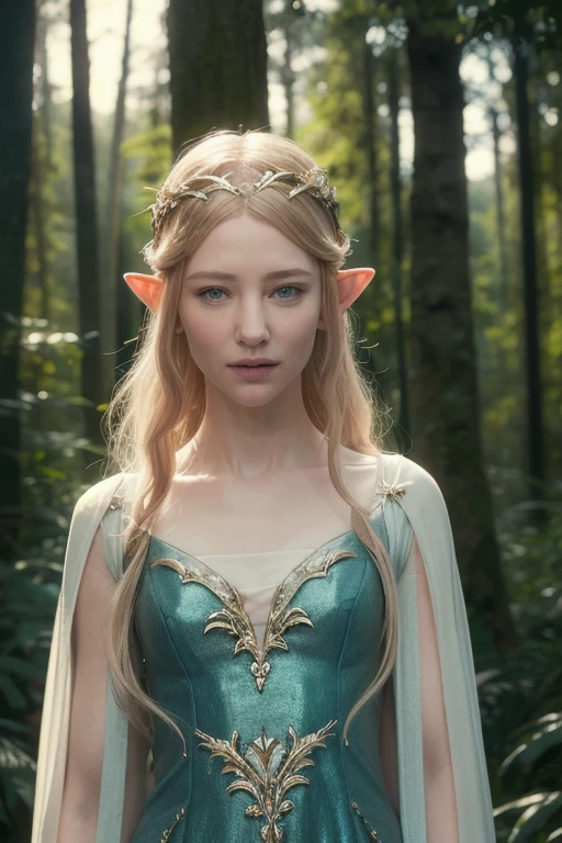  very young Cate Blanchett, she in the night,she's looking at viewer,elegant fantasy elf princess, flowing blonde hair, piercing blue eyes, delicate facial features, ornate elven headdress and jewelry, graceful pose,full body slim, vine and leaf dress,living ents forest background with many ents lotr, magical atmosphere, night, muted color palette, cinematic, detailed, highly realistic, 8k, photorealistic, flat chest,open chest.