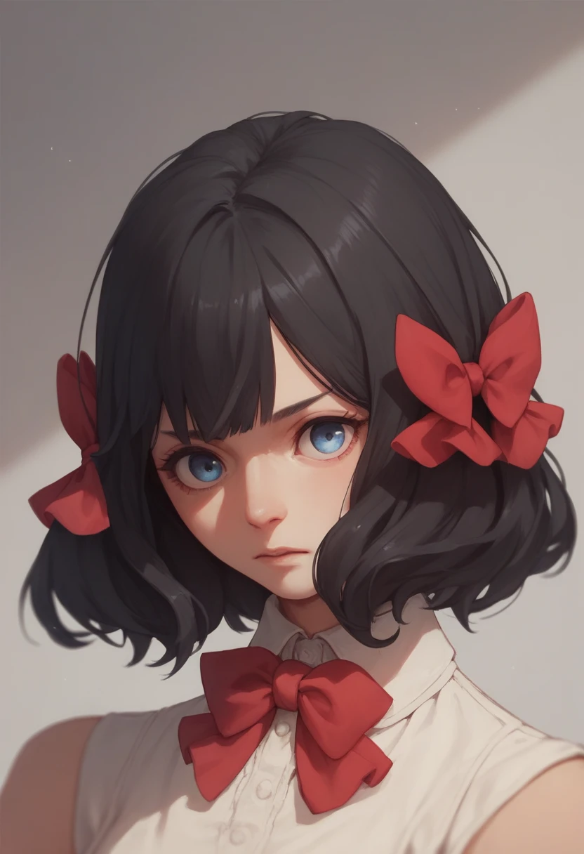 medium hair, black hair, blue eyes, hair bow, red bow