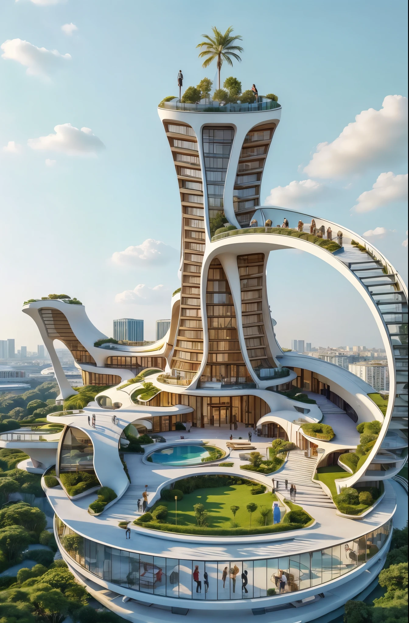 Complex building in citypark on hill side , design by zaha hadid.   City at the background , balconies, openings walkways ,people , roads, cars. Blue sky,  small white cloud 