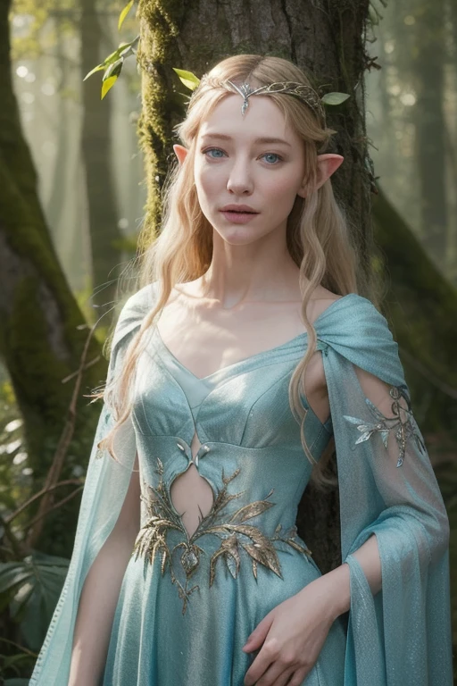  Very  very young Cate Blanchett, she in the night,she's looking at viewer,elegant fantasy elf princess, flowing blonde hair, piercing blue eyes, delicate facial features, ornate elven headdress and jewelry, graceful pose,full body slim, vine and leaf dress,living ents forest background with many ents lotr, magical atmosphere, night, muted color palette, cinematic, detailed, highly realistic, 8k, photorealistic, flat chest,open chest.