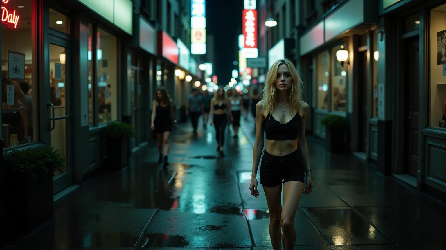 Night, realistic, photography of a tiny, drug-addicted young blonde woman, resembling Emma Stone, with a large interpupillary distance. She has smokey eyes, wears black shorts and black shoes, and walks along the right side of a wet pedestrian walkway on a bustling New York City street at night. Neon lights from the vibrant signs above illuminate the scene, reflecting off puddles on the ground. Her drug-fogged eyes stare blankly into space, completely disconnected from the lively chaos around her. The atmosphere is dark, heavy, and somber, capturing her isolation and despair amidst the city's relentless energy