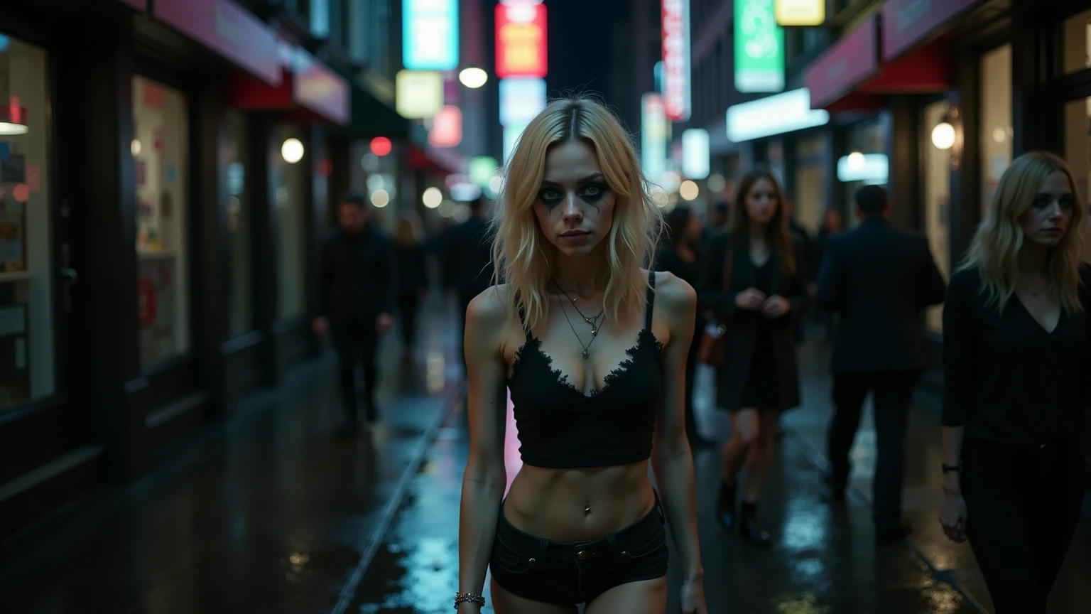 Night, realistic, photography of a tiny, drug-addicted young blonde woman, resembling Emma Stone, with a large interpupillary distance. She has smokey eyes, wears black shorts and black shoes, and walks along the right side of a wet pedestrian walkway on a bustling New York City street at night. Neon lights from the vibrant signs above illuminate the scene, reflecting off puddles on the ground. Her drug-fogged eyes stare blankly into space, completely disconnected from the lively chaos around her. The atmosphere is dark, heavy, and somber, capturing her isolation and despair amidst the city's relentless energy