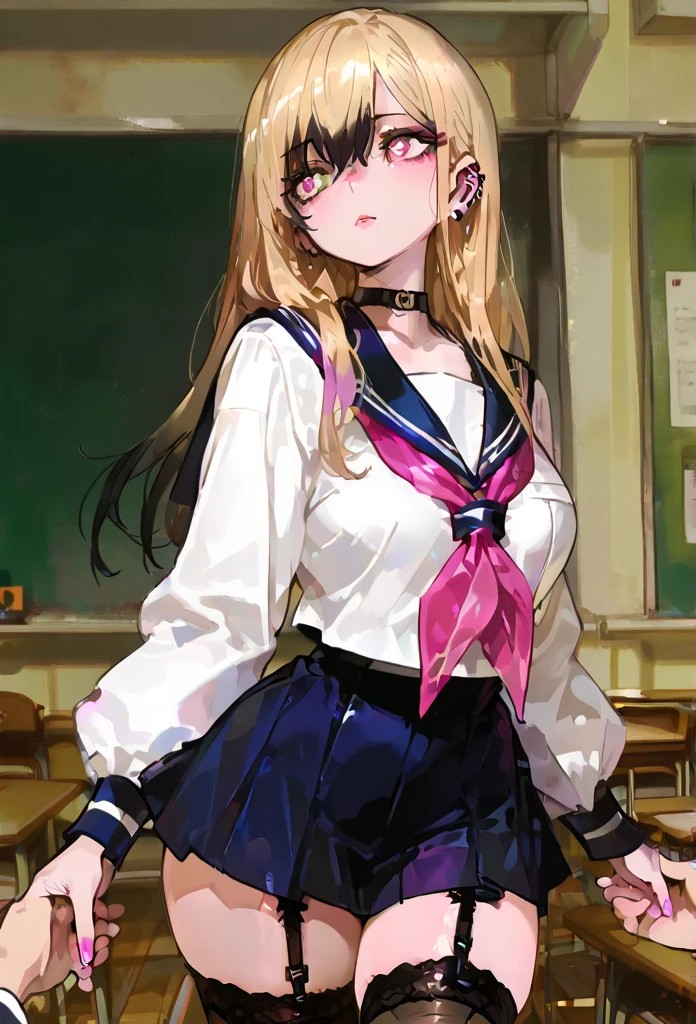 (masutepiece:1.2), (Best Quality:1.2), (Detailed face:1.2), (Perfect eyes:1.1),超A high resolution,High resolution, ,US1, Blonde hair, Purple eyes, School uniform, White shirt, Blue skirt, neckerchief, White socks, Pleated skirt, Long sleeves, Pink Panties,Camel toe, hand held skirt,Skirt lift